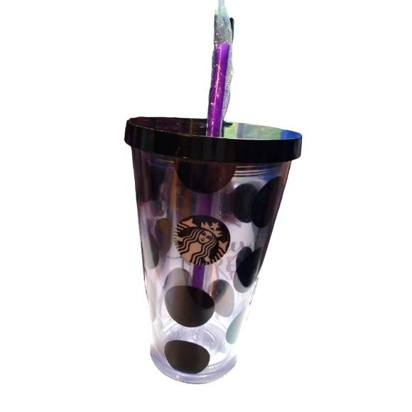 Starbucks Other - NWOT Starbucks 2014 Black Poka-Dotted 16 oz. Tumbler with Purple Straw